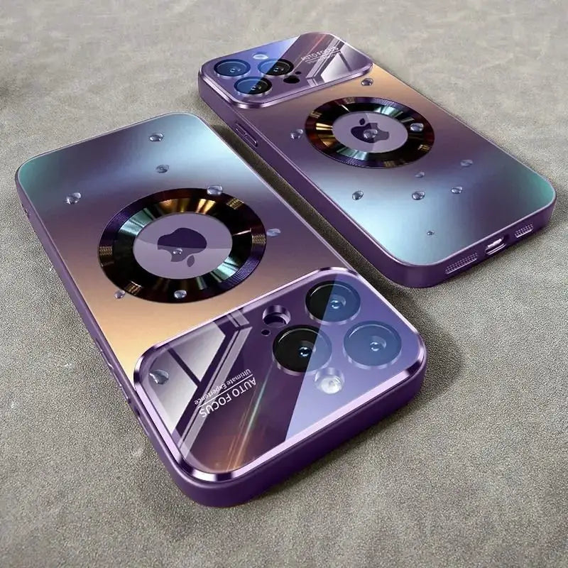 Luxury glass MagSafe camera case for iPhone 11–17 Pro Max, purple gradient, shockproof, 3-pack by Simples Market