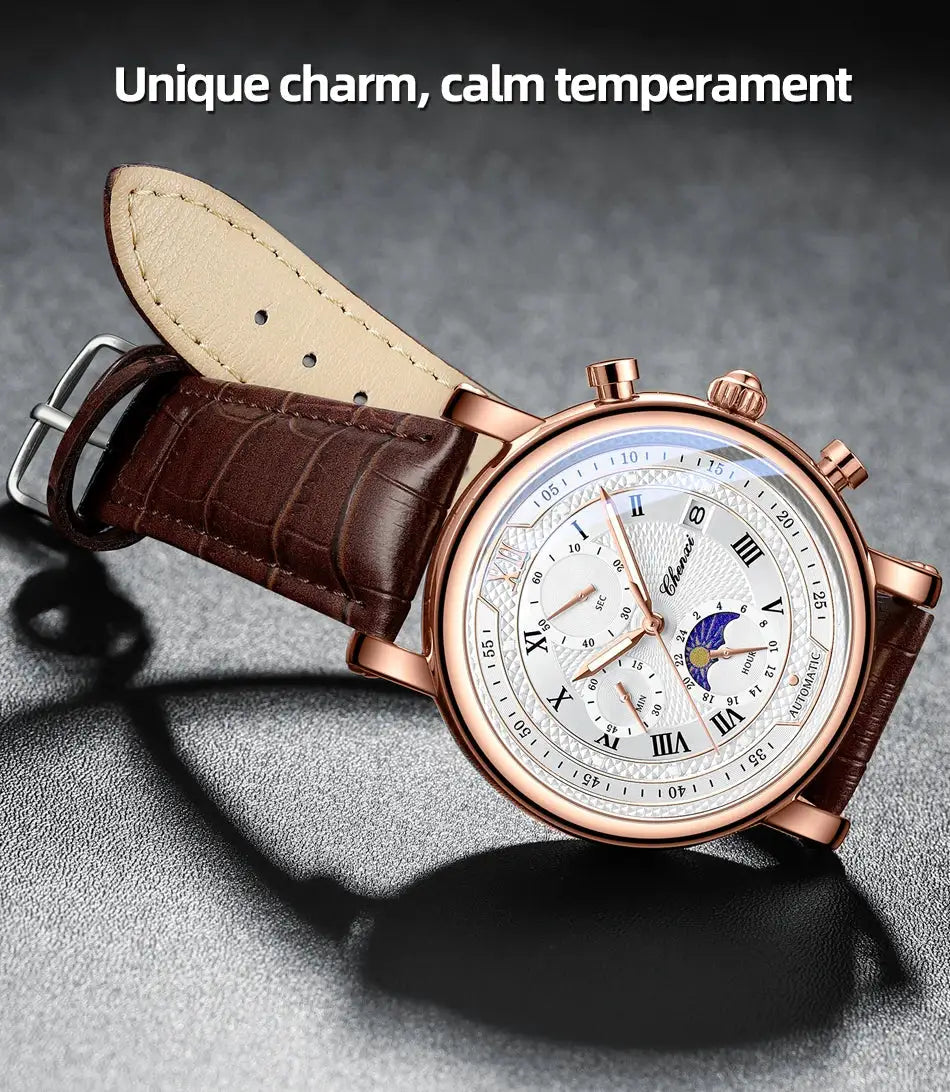 Chenxi 976 leather chronograph watch with brown leather strap, rose-gold case, white dial and moon phase subdial