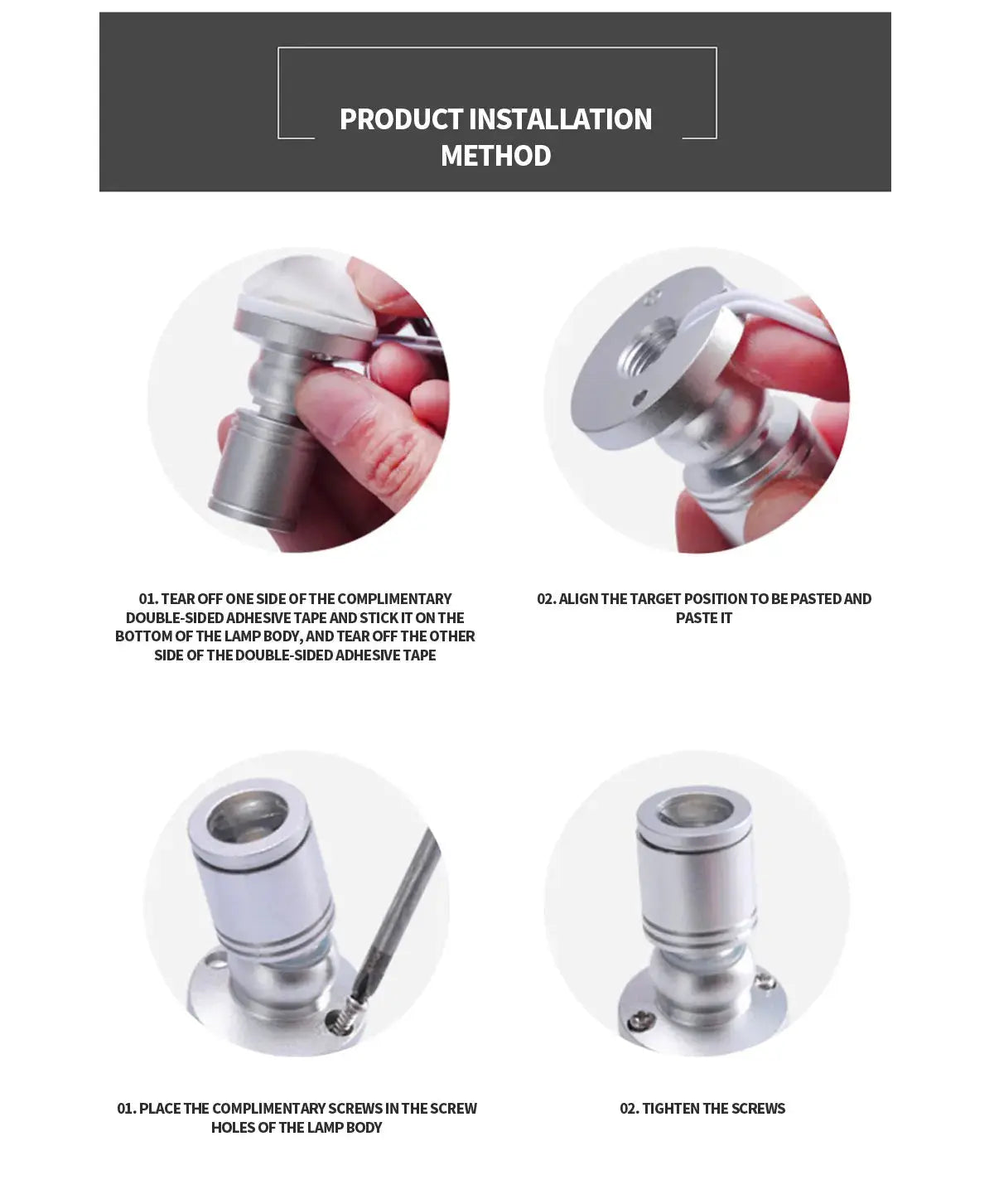 Dimmable USB 5V LED cabinet lights by Simples Market; installation steps show adhesive tape and screws.