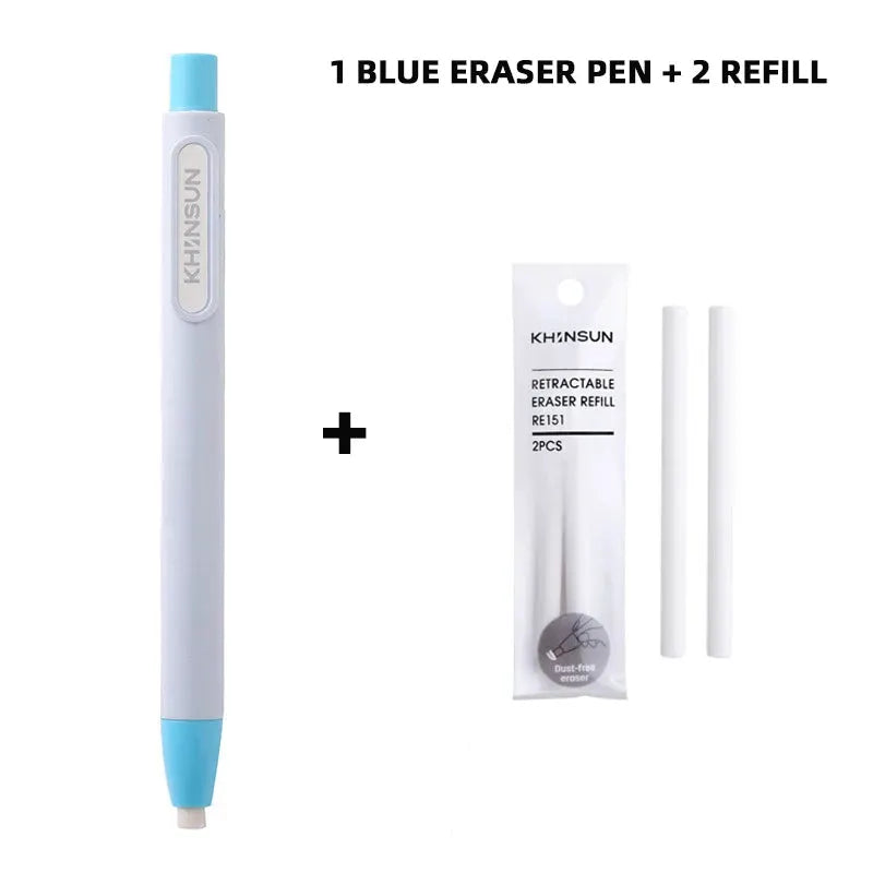 Blue press eraser pen with replaceable core by KHNSUN, includes 2 refills
