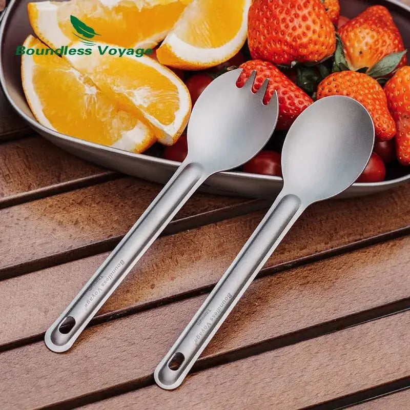 Boundless Voyage titanium cutlery set, two reusable spoons/sporks, lightweight camping flatware by Simples Market