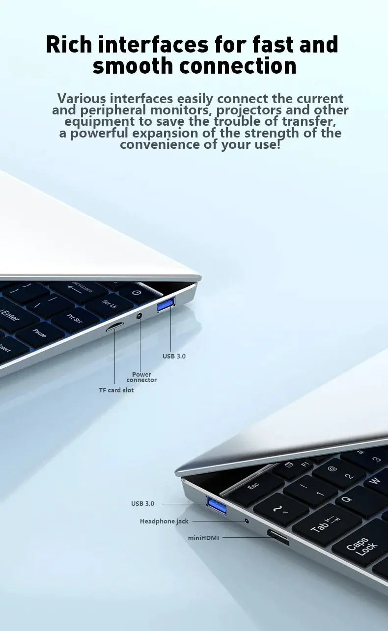 Two 14.1-inch silver laptops by Simples Market with USB 3.0 ports and mini HDMI