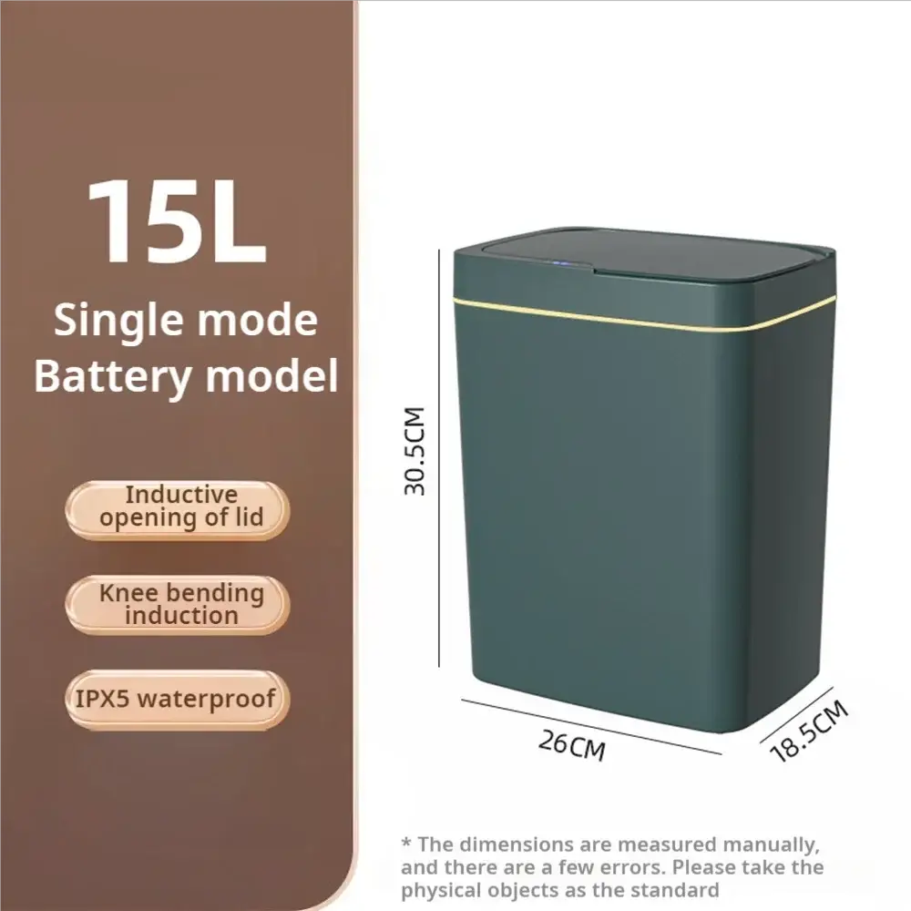 Smart bathroom trash can, 15L, dark green narrow touchless bin with inductive lid opening