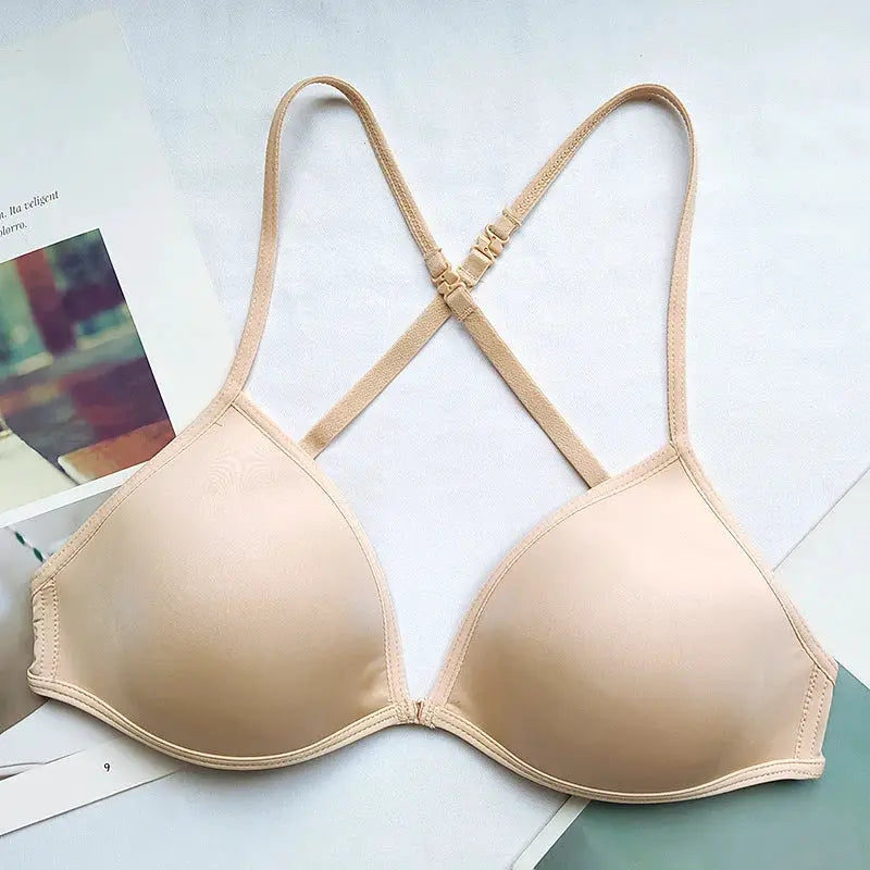 FINETOO seamless triangle-cup bra in nude beige with cross-back straps and adjustable bands