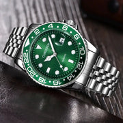 Men Calendar Quartz Watch With Green Dial Stainless Steel Band Full Calendar Function Casual Everyday Timepiece