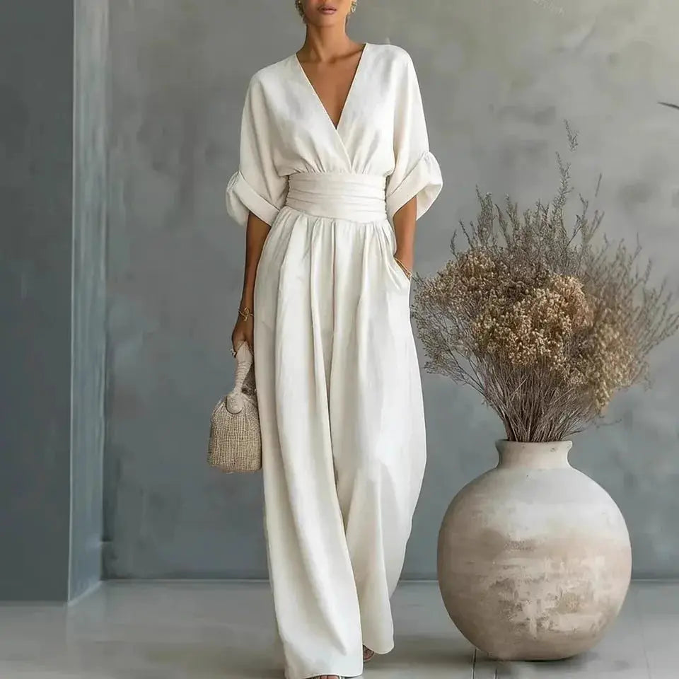 Waist V-neck Jumpsuit in ivory, mid-sleeve wide-leg.