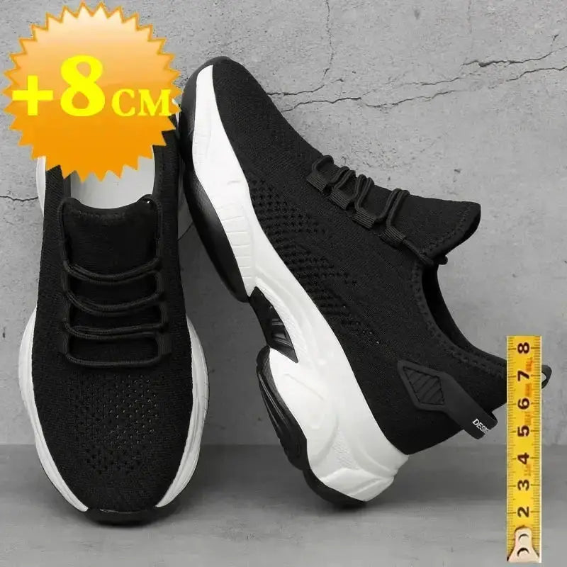 Men's black height-increase sneakers with white sole, breathable knit upper, 8cm elevator, a pair