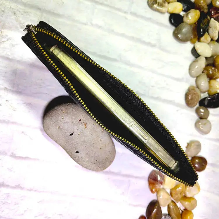 Simples Market mini zipper waist bag; black leather belt pack with gold-tone zipper for cards and phone
