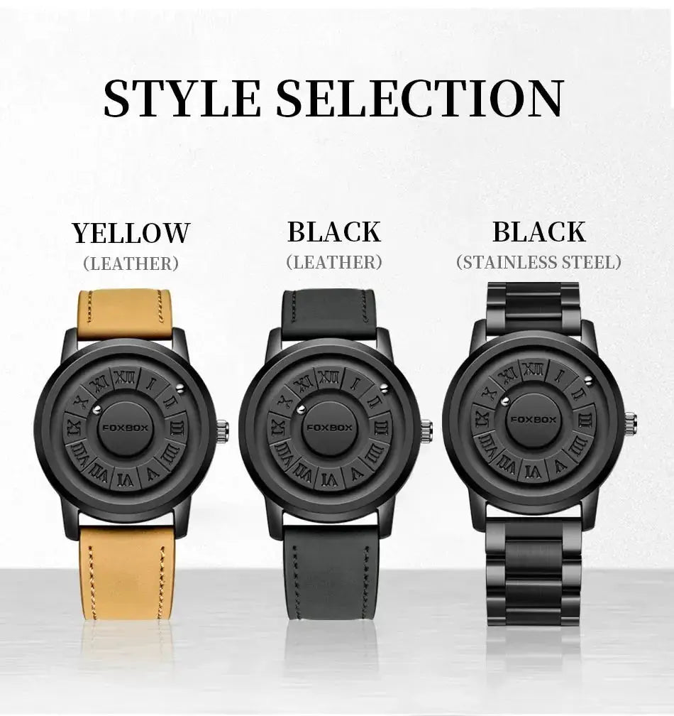FOXBOX watches trio: yellow leather strap, black leather strap, and black stainless-steel bracelet with round dials.