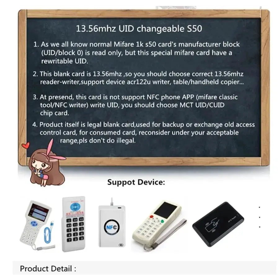 RFID key tags and NFC cards on a chalkboard-style display; 30-pattern waterproof 13.56MHz UID rewritable cards