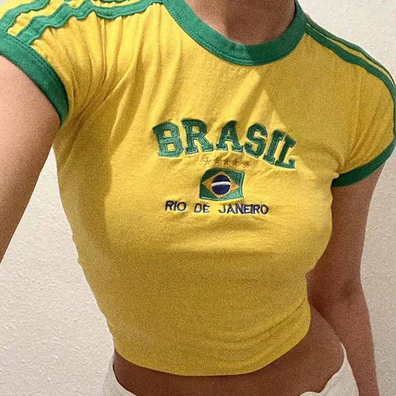 Womens Aesthetic Brasil Letter Print T Shirt And Shorts Set Y2K Grunge