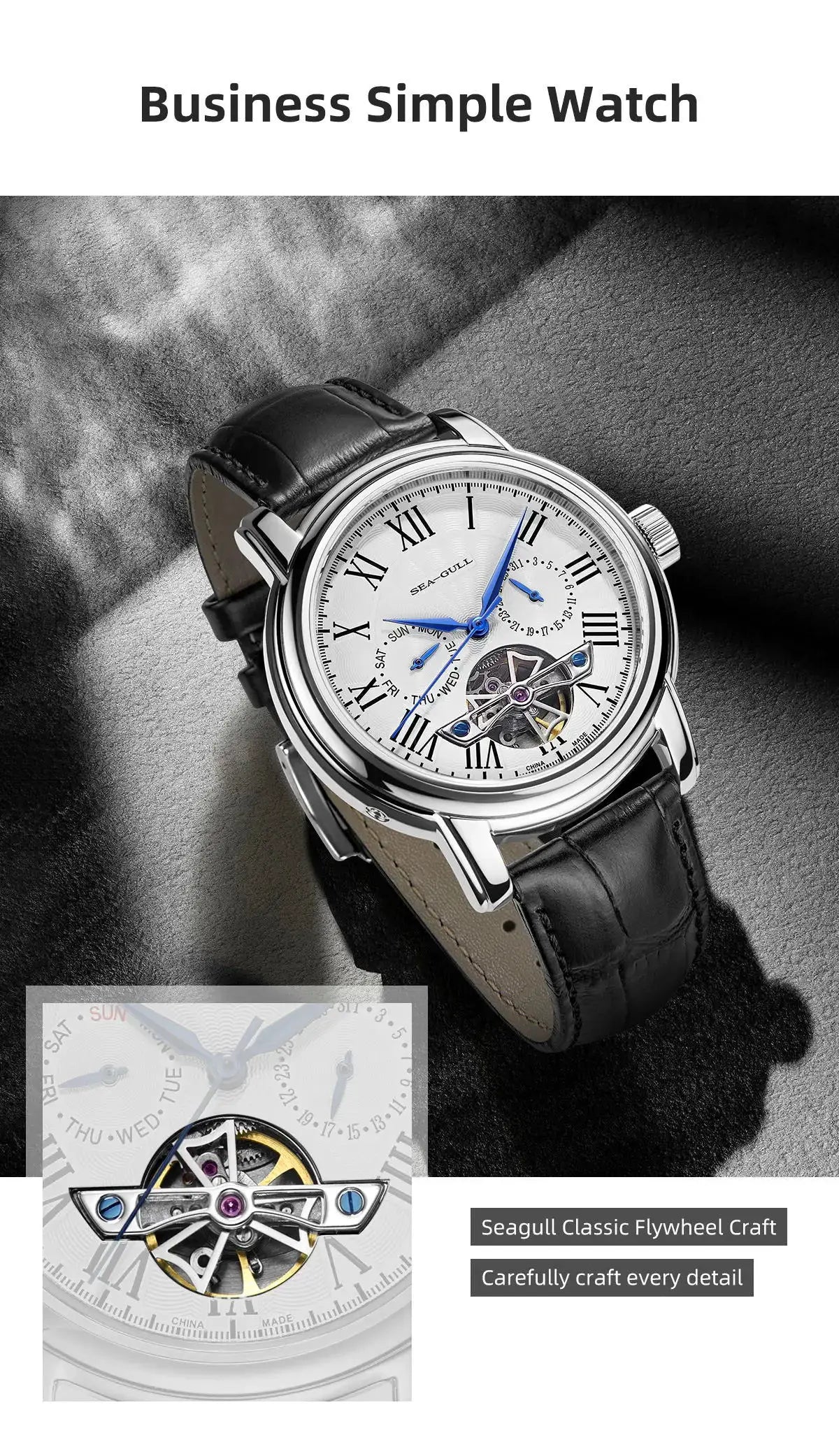Men's automatic mechanical Sea-Gull ST25 movement wristwatch with white Roman numerals, blue hands, black leather strap