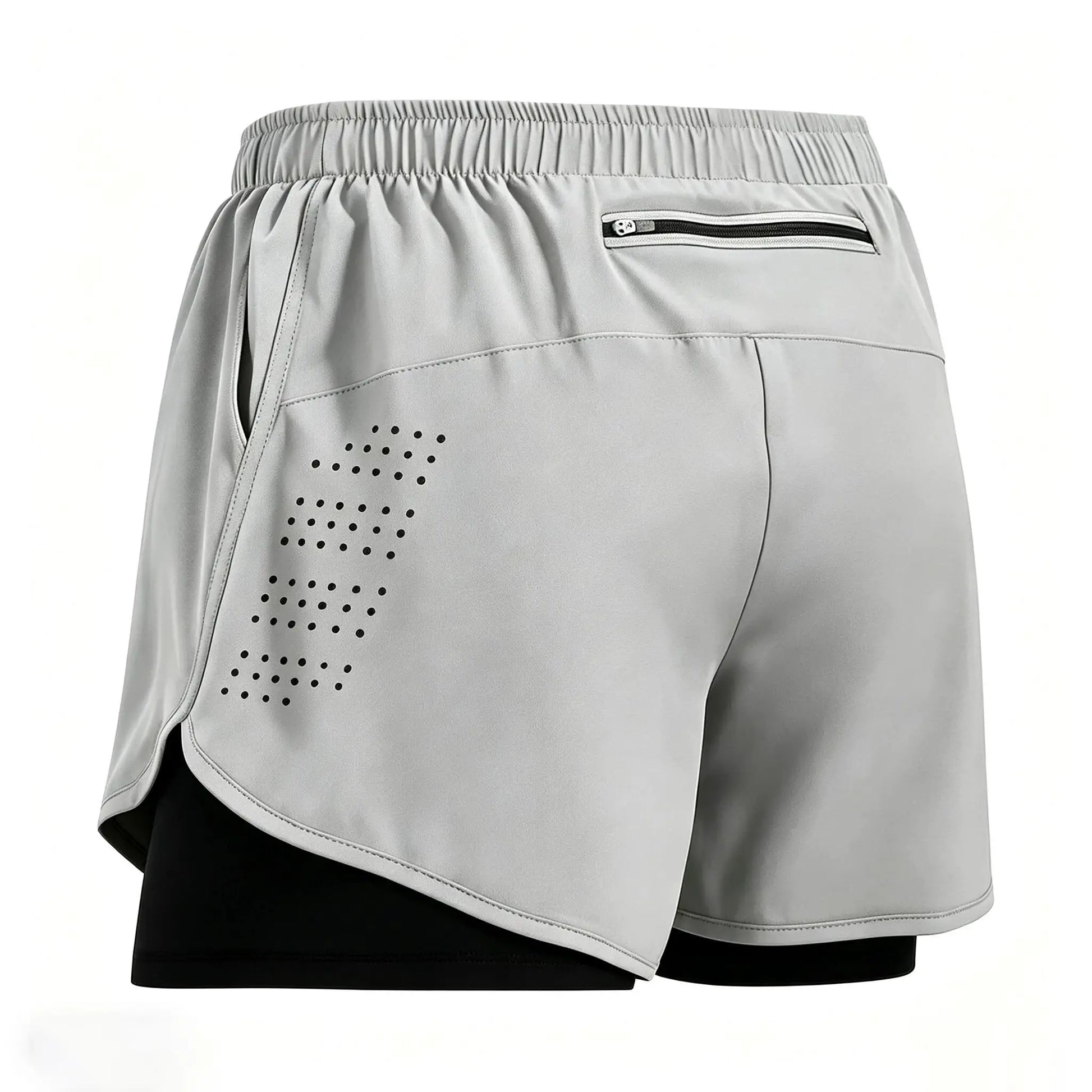Men's 2-in-1 gray athletic shorts with black inner layer, zippered pocket, and ventilation perforations.