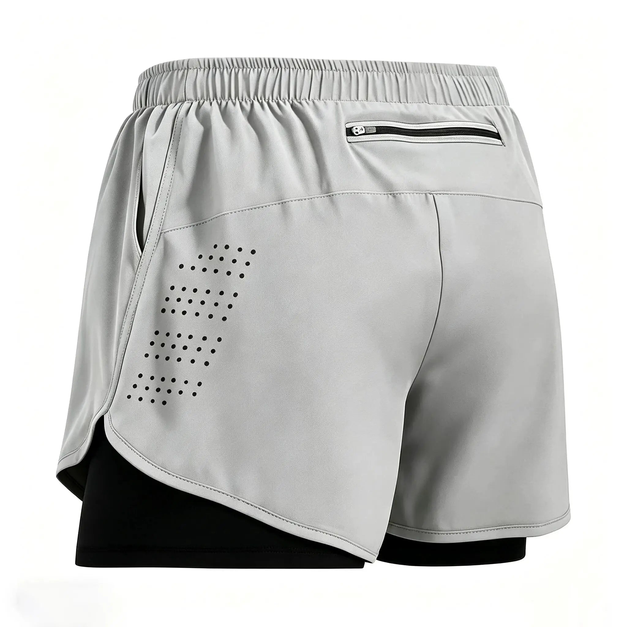 Men's 2-in-1 gray athletic shorts with black inner layer, zippered pocket, and ventilation perforations.