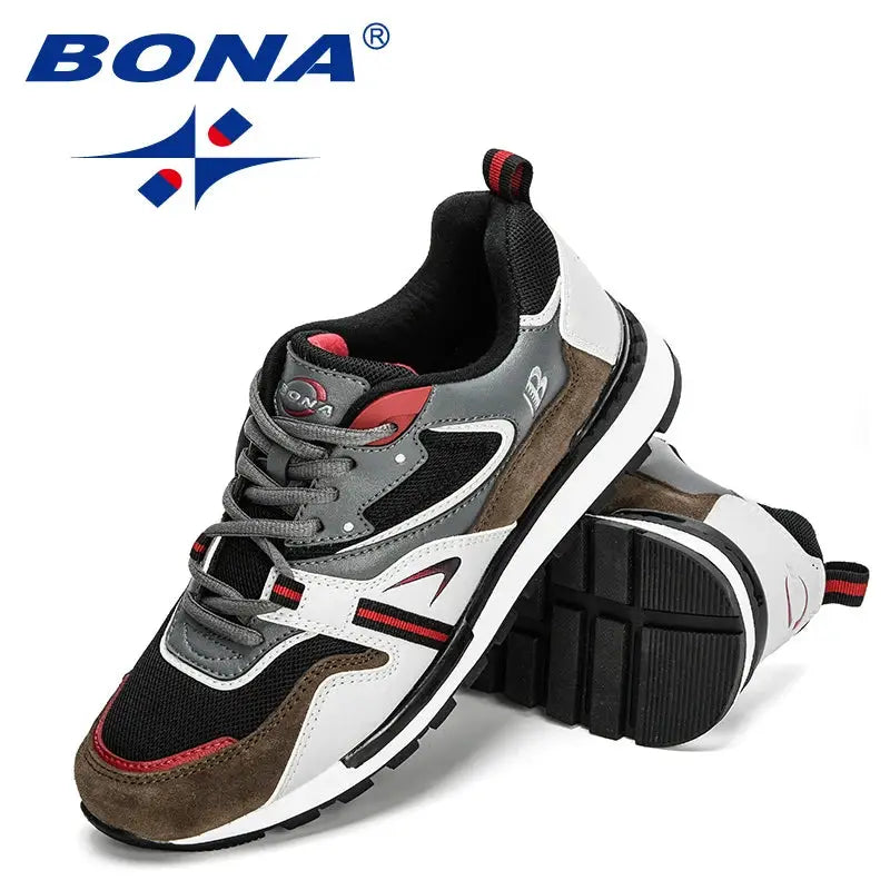 BONA action leather sport sneakers for men with black, gray, white and brown suede panels