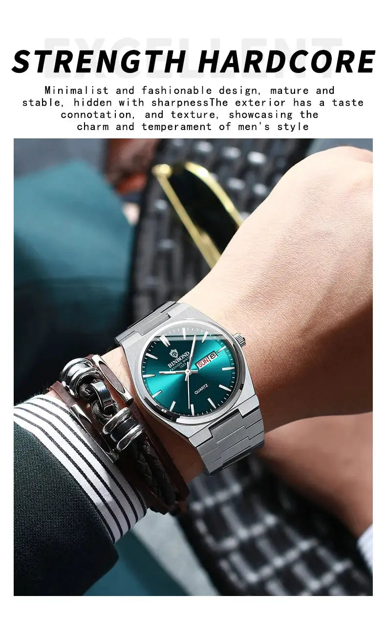 BINBOND stainless steel men's wristwatch with teal dial, waterproof quartz movement and date window