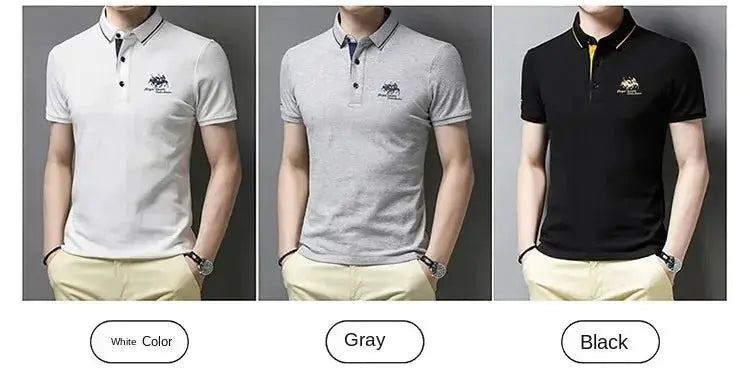 Three men's embroidered polo shirts in white, gray, and black with short sleeves and breathable lightweight fabric.