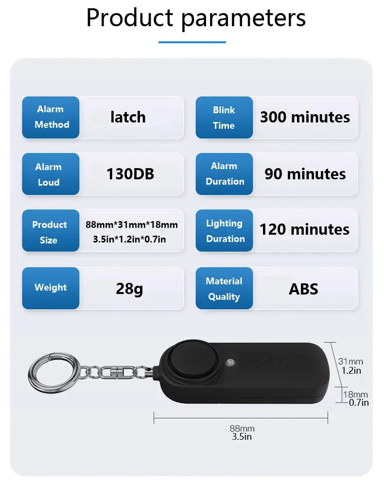 130dB Protect Alert personal defense siren by Simples Market, black ABS keychain panic alarm.