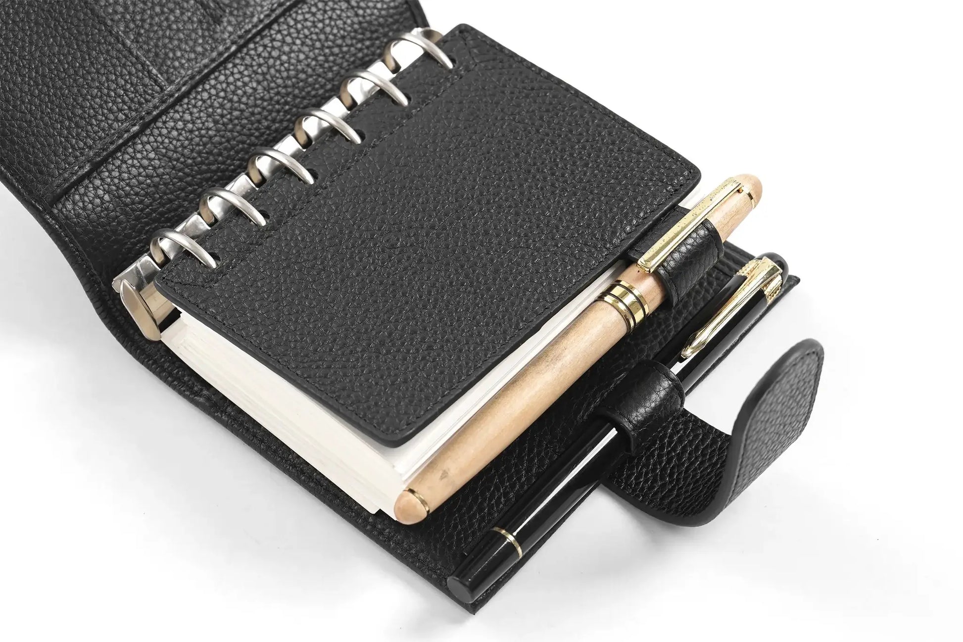 Moterm Luxe 2.0 pocket-size planner in black pebbled leather with 30mm ring binder; includes 3 pens