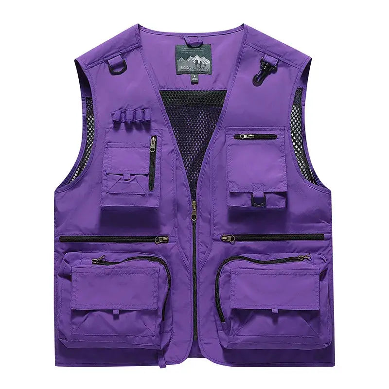 Simples Market men's purple outdoor vest with multiple pockets and mesh lining, zip closures