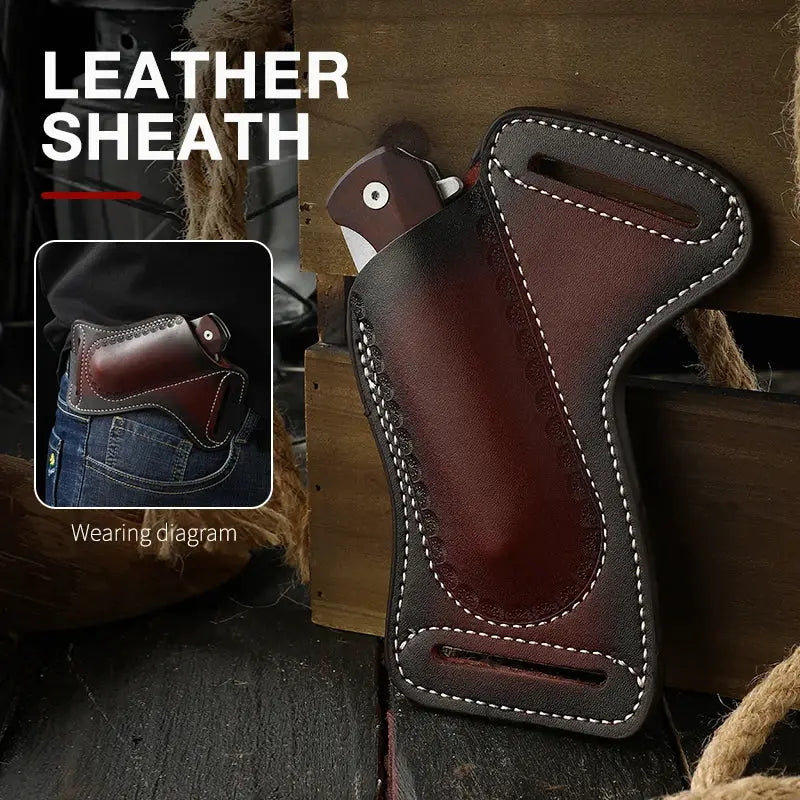 Leather knife holster by Simples Market; brown cowhide with white stitching for belt carry
