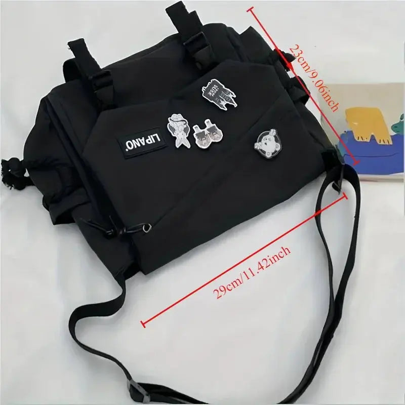 Men's black nylon crossbody bag with adjustable strap, large-capacity casual messenger bag for school, travel or work.