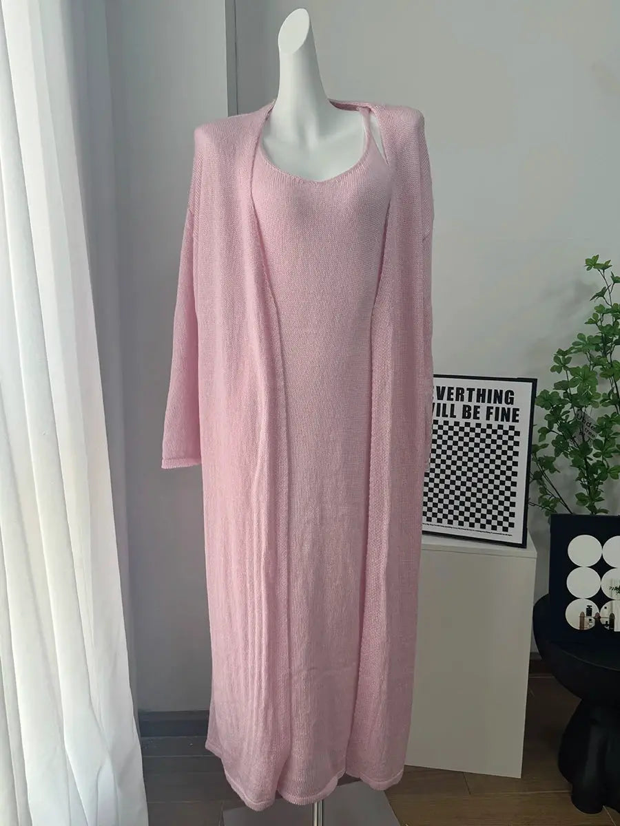 Three Piece Women Cardigan Vest Dress Set With Long Sleeve Outfit