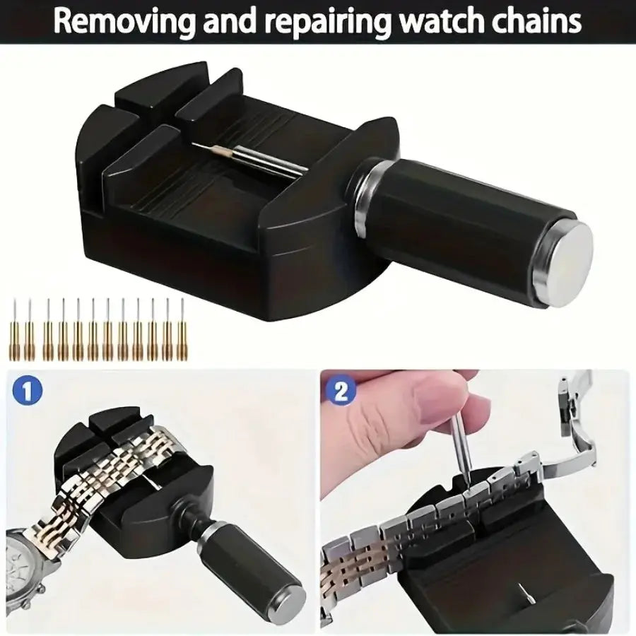 Watch link removal tool kit by Simples Market, black with replacement pins for watch band adjustment