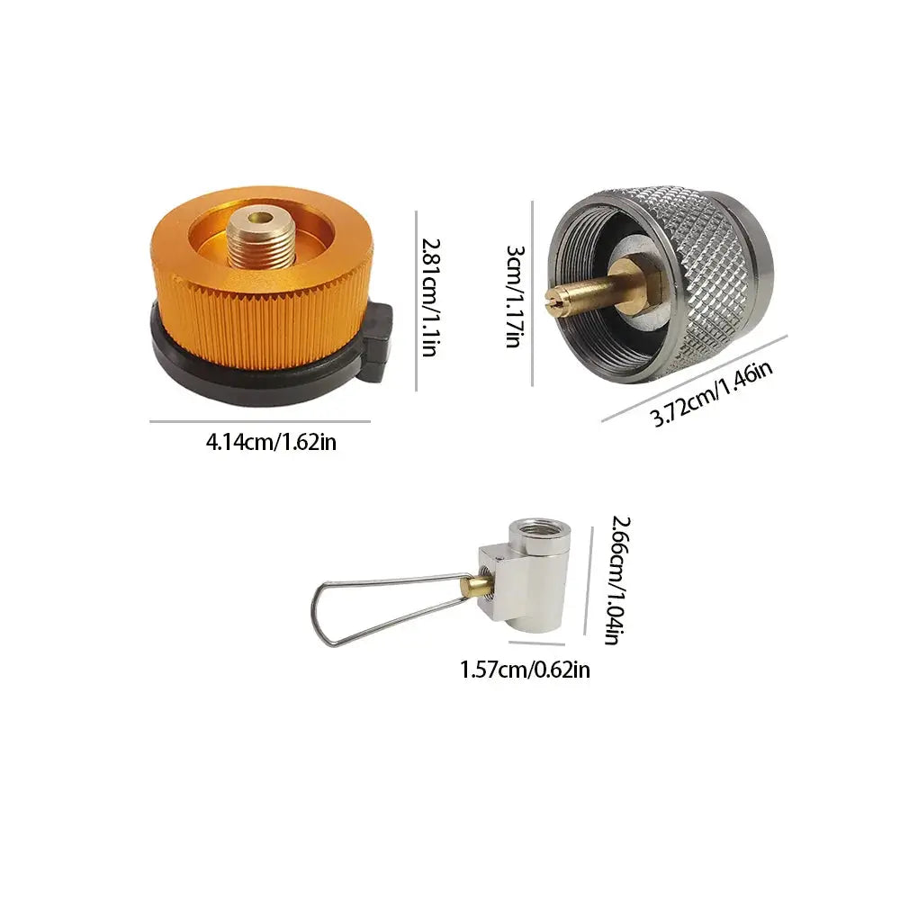Simples Market 3pc camping stove adapter set: orange knurled knob, silver valve connector, compact adapter.