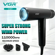 VGR hair dryer professional air blower with brushless motor, black with blue LED nozzle, includes diffuser and concentrator attachments