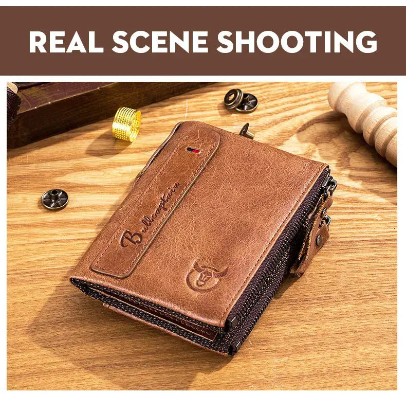 BullCaptain retro leather men's wallet with zipper closure, brown RFID wallet with card slots