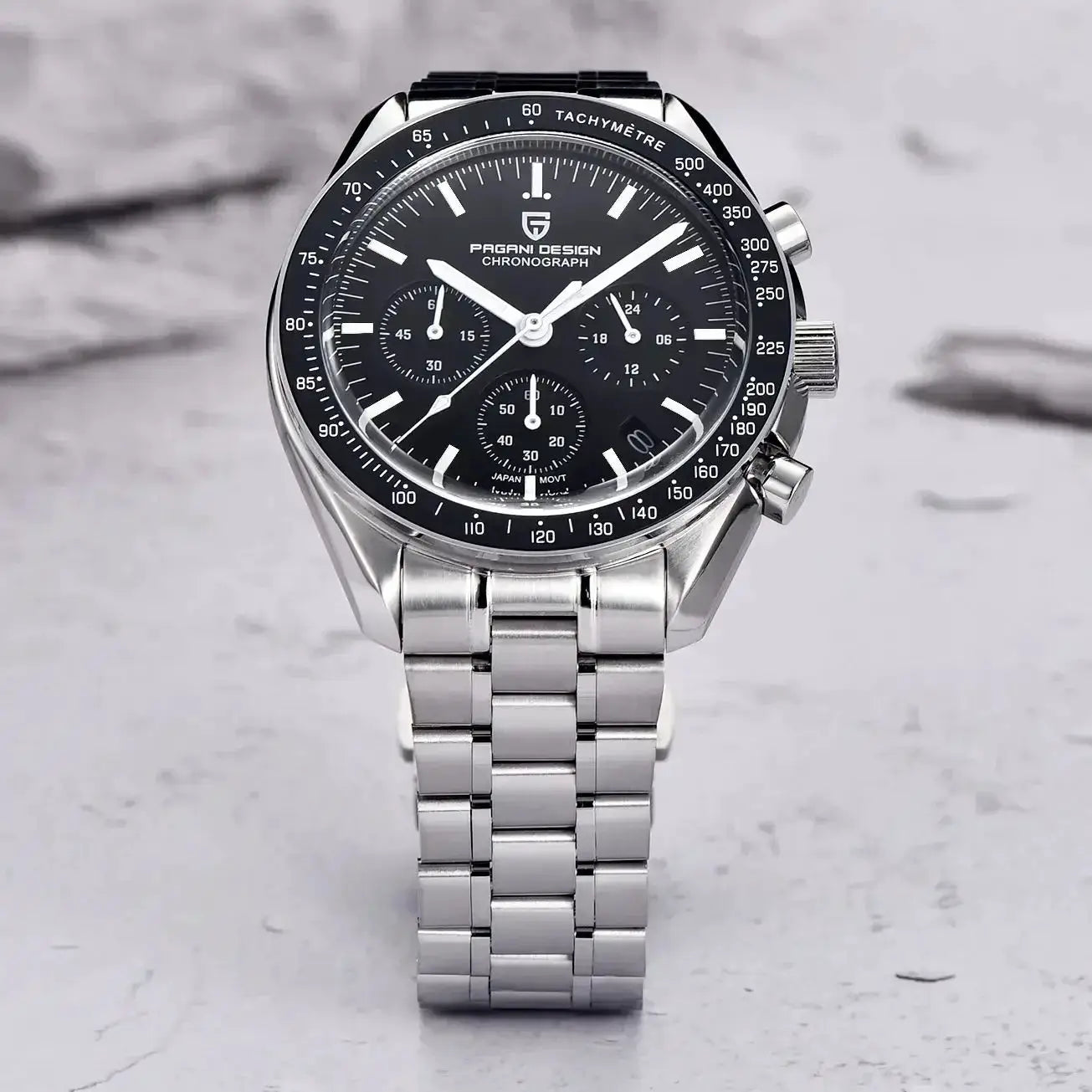 PAGANI DESIGN men's chronograph watch with stainless steel bracelet, black dial and tachymeter bezel.