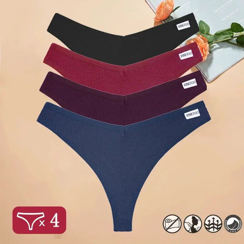 4-piece waffle cotton thong panty set with V-waist in black, red, burgundy and navy; FINETOO tag.