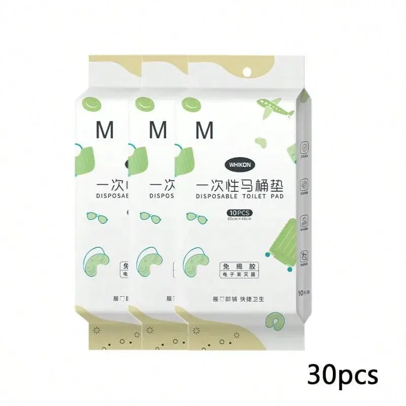 Disposable toilet seat covers, 30pcs, waterproof travel packaging, WHIKON brand, white with green icons