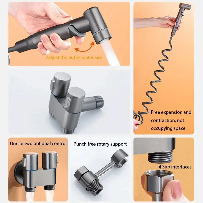 Simples Market zinc alloy angle valve bidet sprayer set, wall-mount with dual-outlet control and coiled hose.