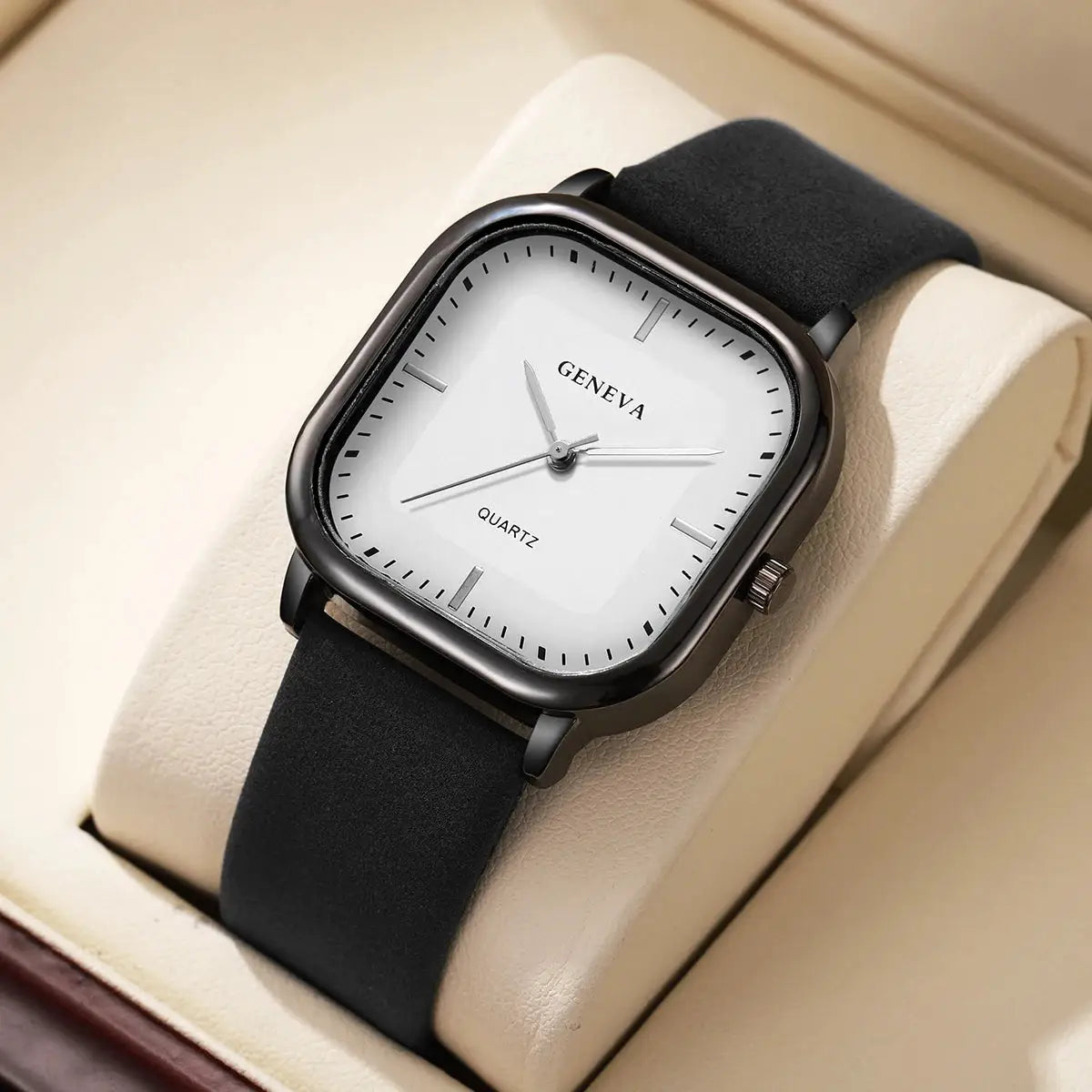 Square-dial men's quartz watch with black leather strap by Geneva