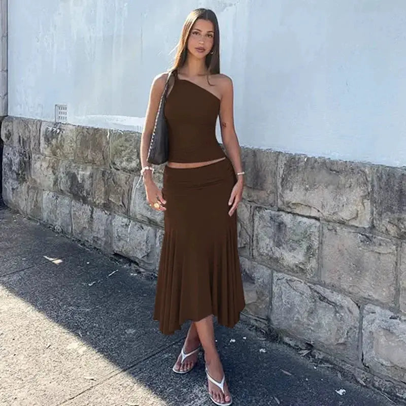 Tossy Pleated Two Piece Off Shoulder Cropped Top And Long Skirt Set