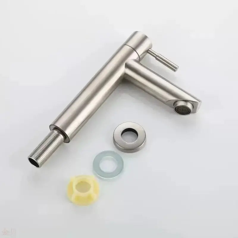 Basin faucet, stainless steel deck-mounted, single-handle with included fittings.