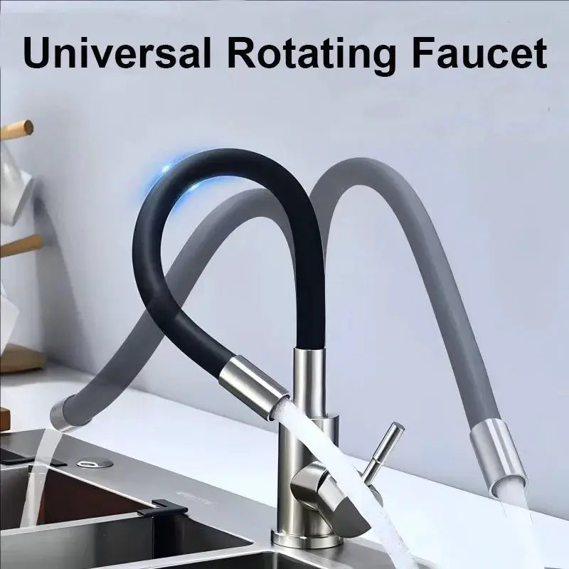 Universal swivel kitchen faucet with black and gray flexible hoses, deck-mounted stainless steel body
