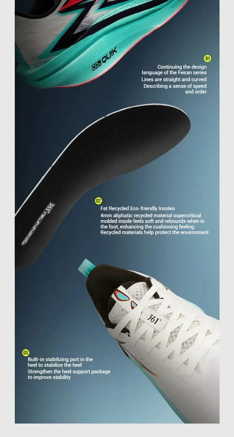 361° Flame 4.0 MIX men’s running shoes teal/black/white; carbon plate racing, three shoes shown