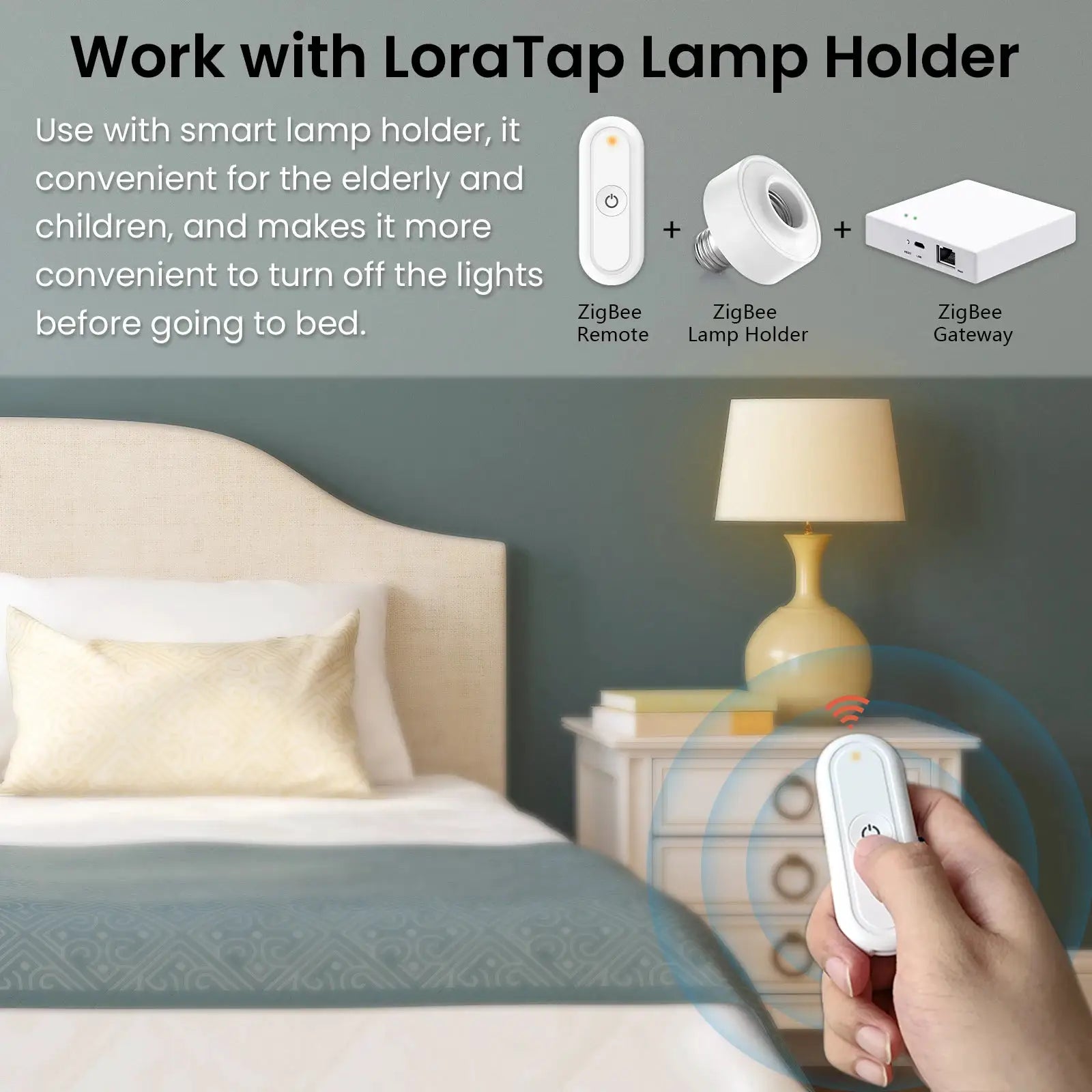 LoraTap ZigBee 3.0 wireless 6-button remote with lamp holder and gateway set in white