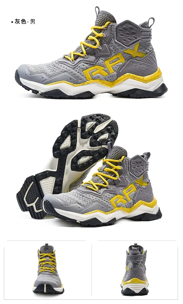 Rax men’s waterproof hiking shoes by Simples Market in gray with yellow accents; breathable outdoor trekking sneakers