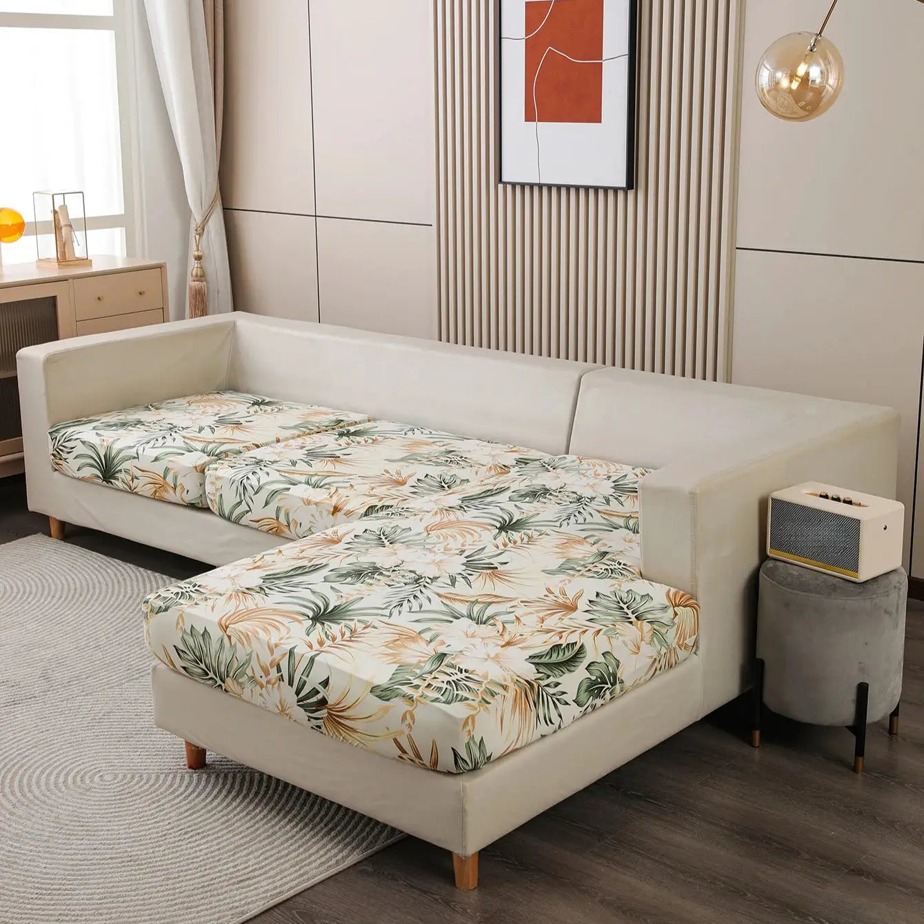Tropical rainforest leaf printed milk-silk elastic sofa cover by Simples Market, detachable and dust-proof.