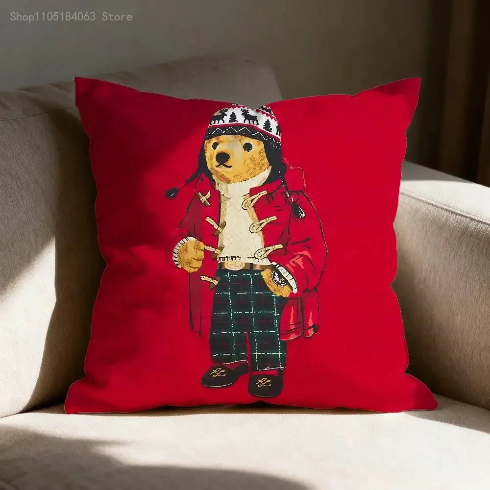 Throw pillow cover featuring a bear in a red winter coat and hat, Simples Market