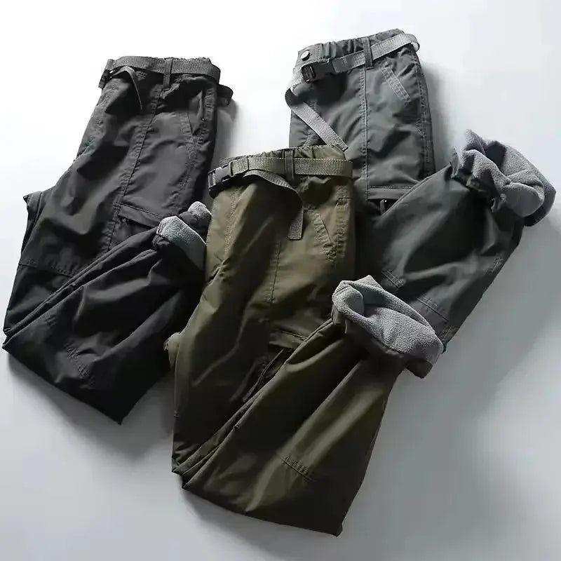 Tooling pants waterproof fleece cargo pants; black, olive, gray, fleece cuffs, multiple pockets, straight fit, 3 pairs.