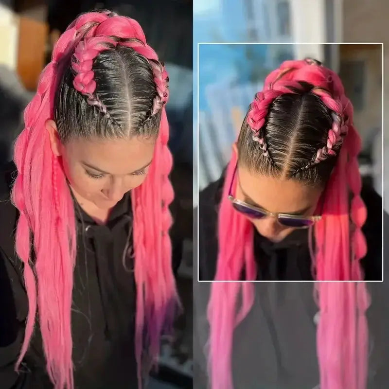 WIGSIN 20-Inch synthetic pre-stretched Yaki EZ box braiding hair; pink extensions with black roots in crown braids.