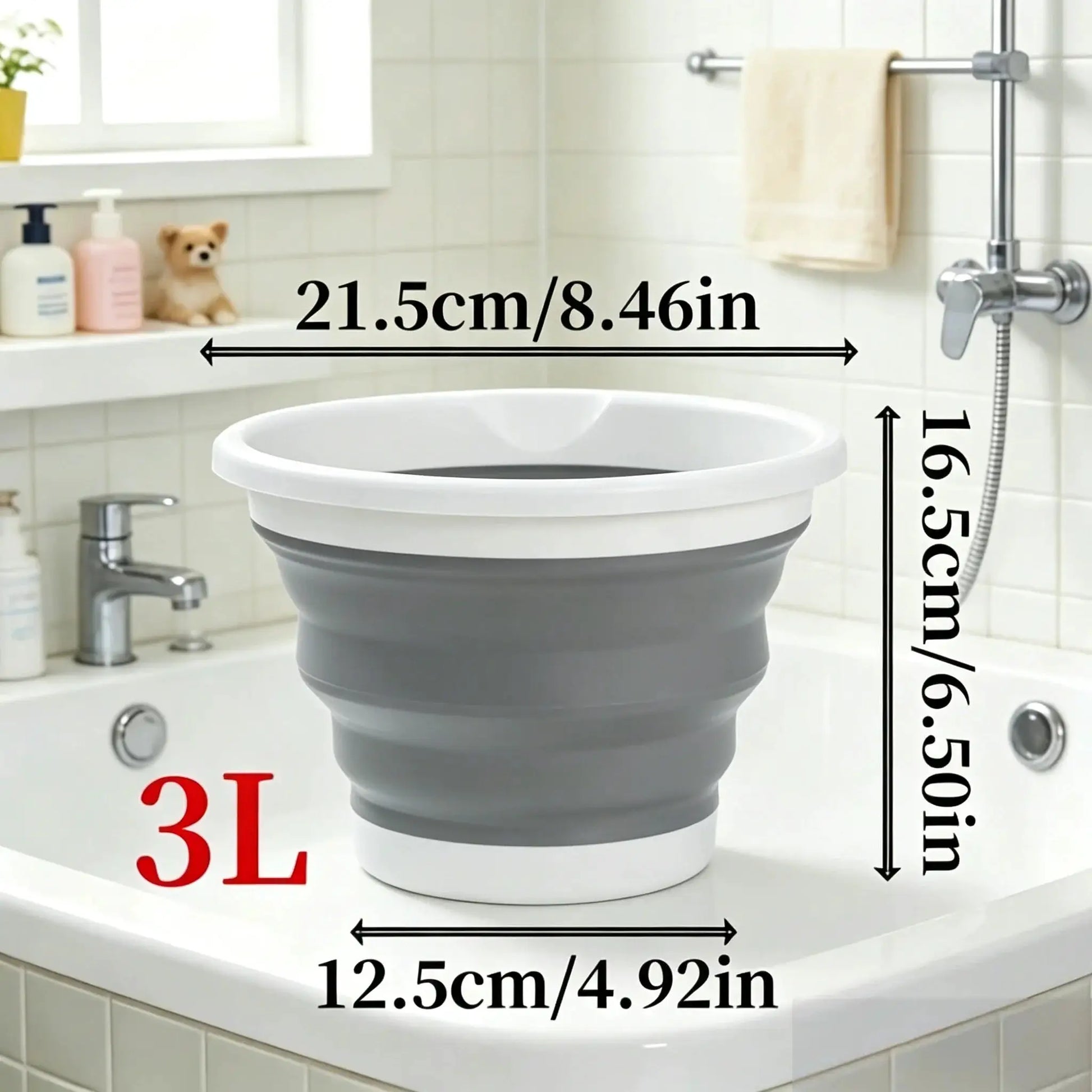 3-Liter foldable gray bucket, portable car wash and camping bucket by Simples Market.