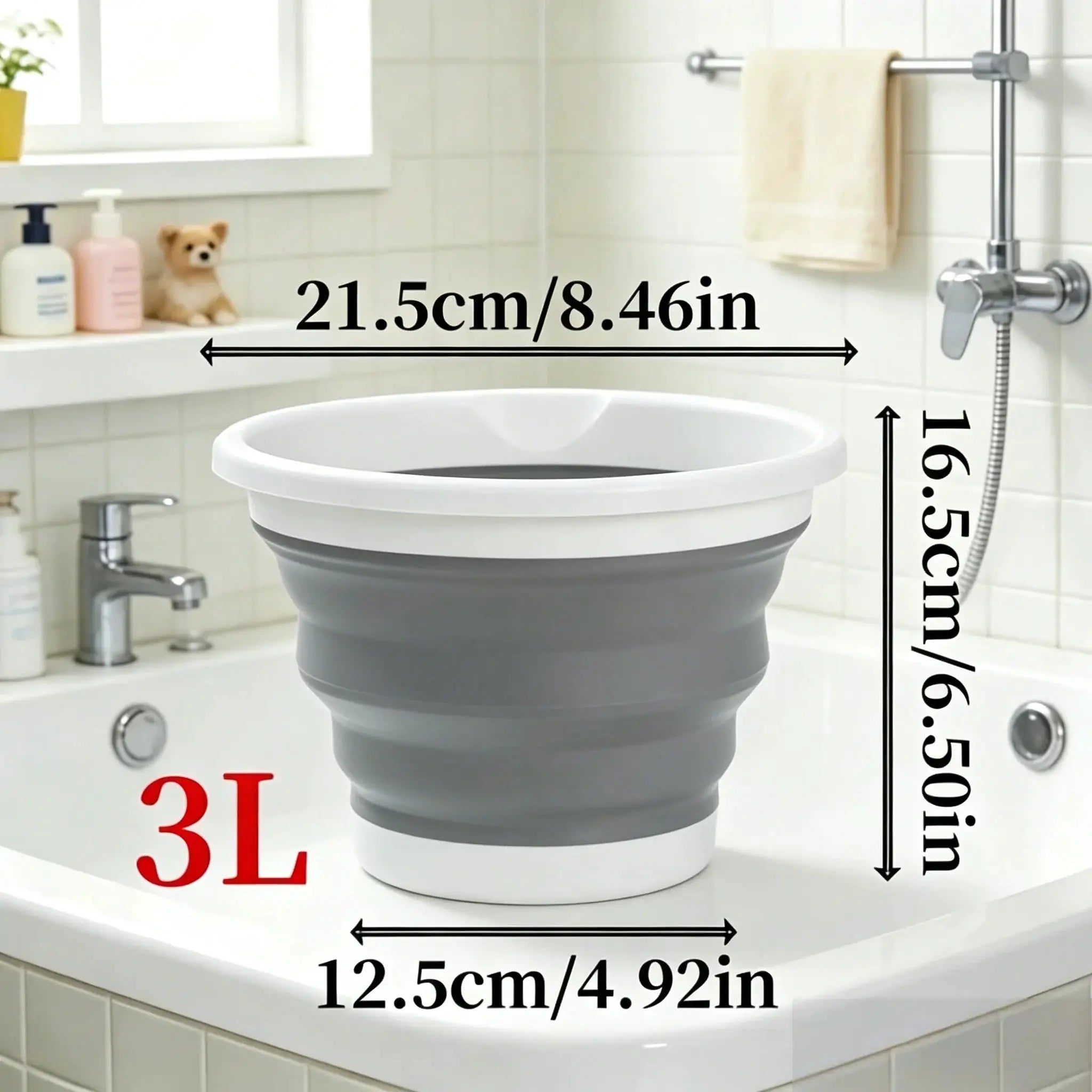 3-Liter foldable gray bucket, portable car wash and camping bucket by Simples Market.