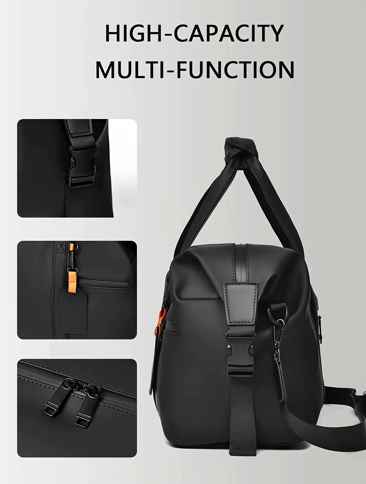 Large-capacity travel duffel bag in black with multiple pockets, sturdy top handles, and adjustable strap.