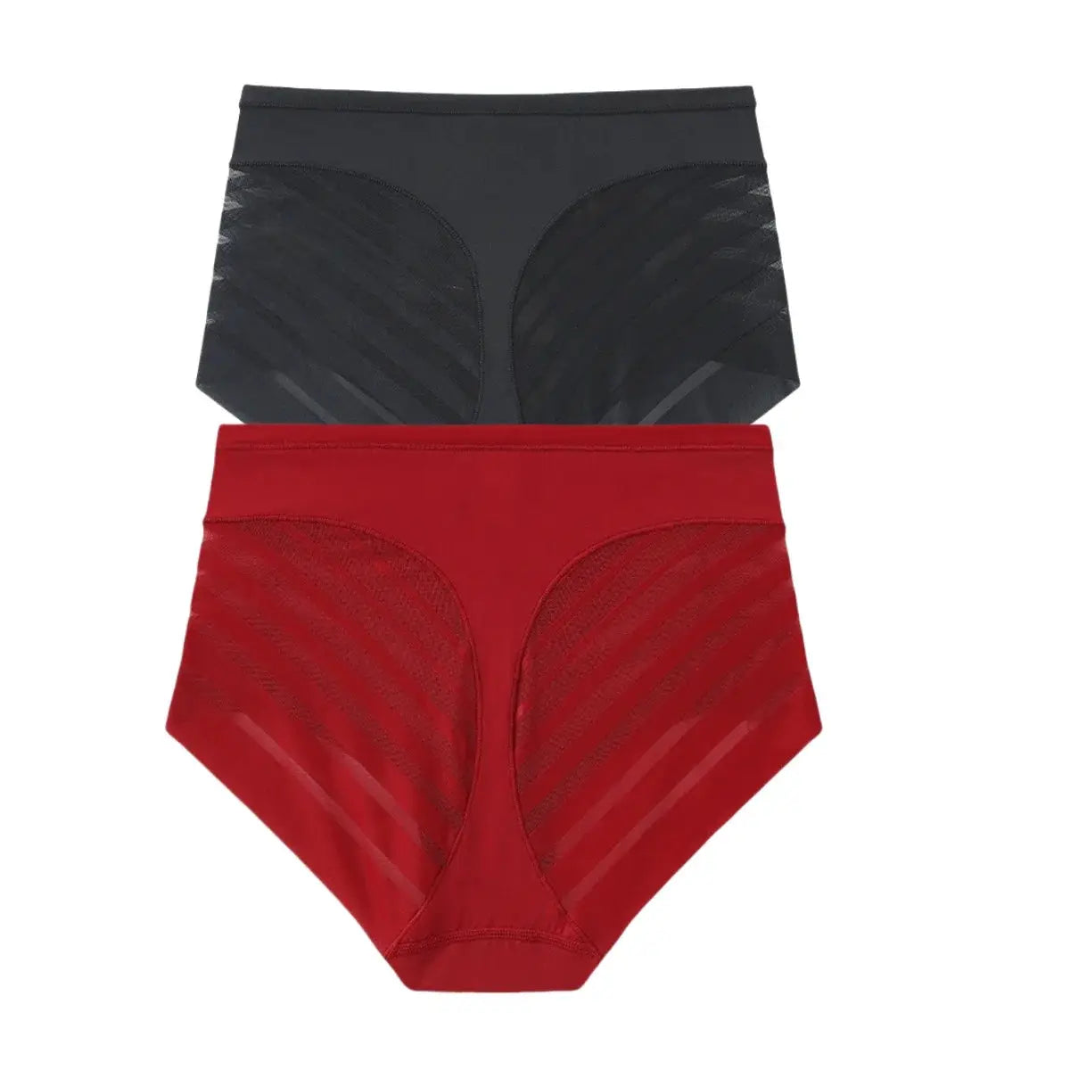 2-pack women's ice silk tummy-control panties, mid-rise butt-lifter with mesh panels, black and red, Simples Market.